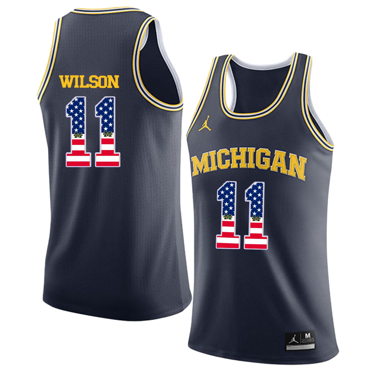 Men Jordan University of Michigan Basketball Navy #11 Wilson Flag Customized NCAA Jerseys